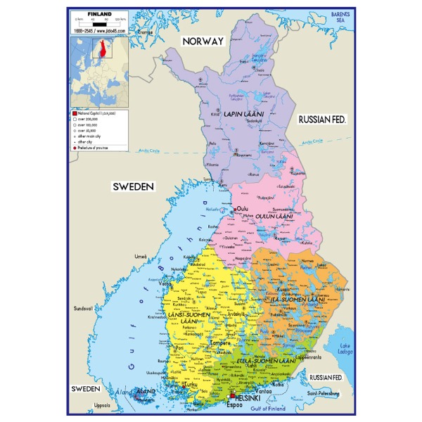 핀란드 지도 중size 코팅형 110cmx150cm 영문판