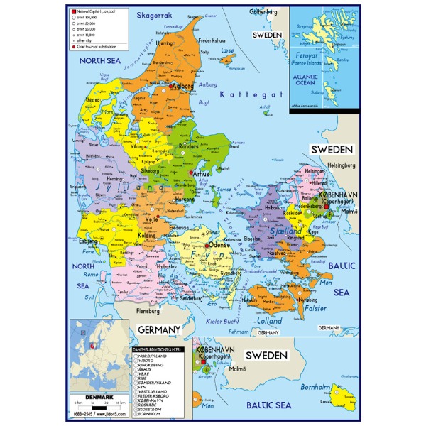 덴마크 지도 중size 코팅형 110cmx150cm 영문판